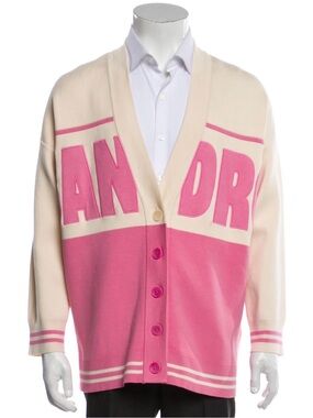 Sandro Cream and Pink Colorblock Logo Cardigan
